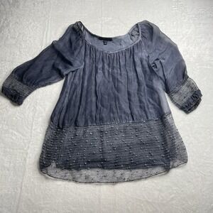 Saks Fifth Avenue Boho Peasant Top M Sheer Textured Hem Blouse Silk Blend Italy